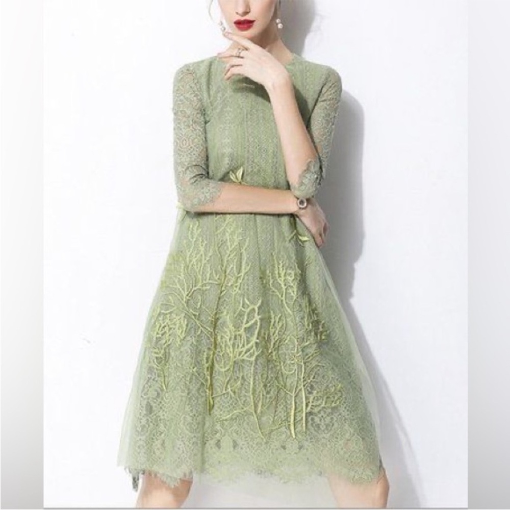 NWT. Vicky and Lucas Medium Sage Dragon Floral Embellishment Lace A Line Dress.